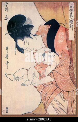 Kitagawa Utamaro, perhaps the most celebrated artist of the 'bijin' genre of portraying beautiful women, was efascinated by images of mother and child in daily life.  This print belongs to a series entitled Fuzoku Bijin Tokei ( Daily Customs of Beautiful Women). To illustrate midnight, Utamaro has chosen a mother who sleepily emerges from her mosquito net to attend to her child, who rubs the sleep from his eyes. Stock Photo