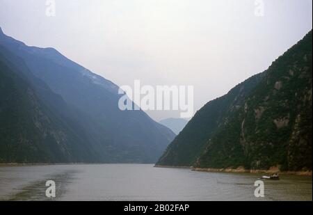 The Three Gorges or Yangtze Gorges span from the western—upriver cities of Fengjie and Yichang in Chongqing Municipality eastward—downstream to Hubei province.  The Yangtze River (Chang Jiang)—Three Gorges region has a total length of approximately 200 kilometres (120 mi). The Three Gorges occupy approximately 120 kilometres (75 mi) within this region.   The Chang Jiang (Yangzi River) is the longest river in China and third longest in the world. Known upstream as the Golden Sand River, it flows through the geographical, spiritual and historical heart of China.  From its source in the Tanggula Stock Photo