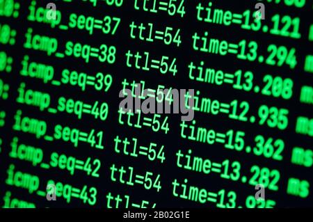 Green text on black background ping ttl terminal CLI command line hacker Stock Photo