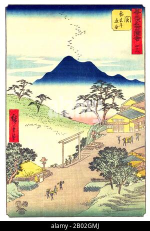 Utagawa Hiroshige (歌川 広重, 1797 – October 12, 1858) was a Japanese ukiyo-e artist, and one of the last great artists in that tradition. He was also referred to as Andō Hiroshige (安藤 広重) (an irregular combination of family name and art name) and by the art name of Ichiyūsai Hiroshige (一幽斎廣重).  The Tōkaidō (東海道 East Sea Road) was the most important of the Five Routes of the Edo period, connecting Edo (modern-day Tokyo) to Kyoto in Japan. Unlike the inland and less heavily travelled Nakasendō, the Tōkaidō travelled along the sea coast of eastern Honshū, hence the route's name. Stock Photo