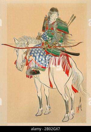 The renowned female samurai, Tomoe-gozen in the 11th Century. Her husband or love was the Genji General Kiso Yoshinaka.  According to the 'The Tale of Heike', Tomoe was especially beautiful, with white skin, long hair, and charming features. She was also a remarkably strong archer, and as a swords-woman she was a warrior worth a thousand, ready to confront a demon or a god, mounted or on foot.  She handled unbroken horses with superb skill; she rode unscathed down perilous descents. Whenever a battle was imminent, Yoshinaka sent her out as his first captain, equipped with strong armor, an over Stock Photo