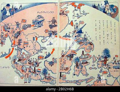 The Greater East Asia Co-Prosperity Sphere (Dai-tō-a Kyōeiken) was a concept created and promulgated during the Shōwa era by the government and military of the Empire of Japan. It represented the desire to create a self-sufficient bloc of Asian nations led by the Japanese and free of Western powers.  The Japanese Prime Minister Fumimaro Konoe planned the Sphere in 1940 in an attempt to create a Great East Asia, comprising Japan, Manchukuo, China, and parts of Southeast Asia, that would, according to imperial propaganda, establish a new international order seeking ‘co prosperity’ for Asian coun Stock Photo