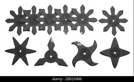 Japan: Shuriken or sharpened hand-held blades used by ninja or shinobi warriors as throwing weapons.  A shuriken (literally: 'sword hidden in user's hand') is a traditional Japanese concealed weapon that was generally used for throwing, and sometimes stabbing or slashing. They are sharpened hand-held blades made from a variety of everyday items, such as needles, nails and knives, as well as coins, washers and other flat plates of metal. Shuriken is the name given to any small-bladed object, while shaken is traditionally used to indicate the well-known 'throwing star'. Stock Photo