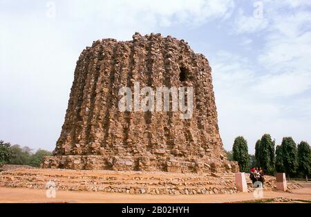 Construction of the Qutb Minar was started in 1192 by Qutb-ud-din Aibak, the first Sultan of Delhi, and was carried on by his successor, Iltutmish. In 1368, Firoz Shah Tughlaq constructed the fifth and the last storey.  Delhi is said to be the site of Indraprashta, capital of the Pandavas of the Indian epic Mahabharata. Excavations have unearthed shards of painted pottery dating from around 1000 BCE, though the earliest known architectural relics date from the Mauryan Period, about 2,300 years ago. Since that time the site has been continuously settled.  The city was ruled by the Hindu Rajputs Stock Photo