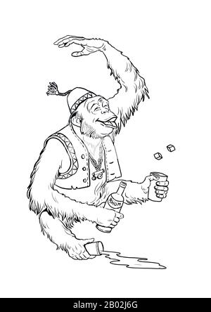 Chimpanzee bonobo pirate coloring page. Outline illustration. Monkey and apes pirates coloring sheet. Stock Photo