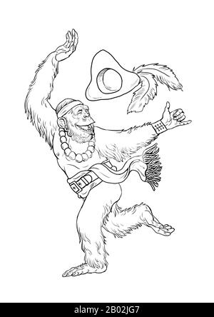 Chimpanzee pirate dances coloring page. Outline illustration. Monkey and apes pirates coloring sheet. Stock Photo