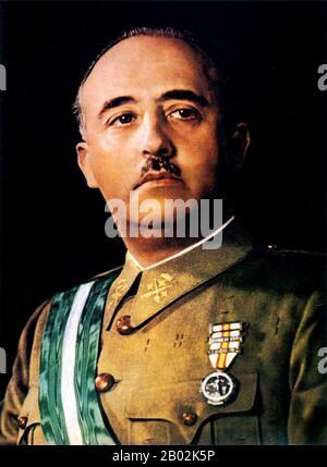 Francisco Franco Bahamonde (4 December 1892 – 20 November 1975) was the dictator of Spain from 1939 to his death in 1975.  A conservative, he was shocked when the monarchy was removed and replaced with a democratic republic in 1931. With the 1936 elections, the conservatives fell and the leftist Popular Front came to power. Looking to overthrow the republic, Franco and other generals staged a partially successful coup, which started the Spanish Civil War. With the death of the other generals, Franco quickly became his faction's only leader.  Franco received military support from local fascist, Stock Photo