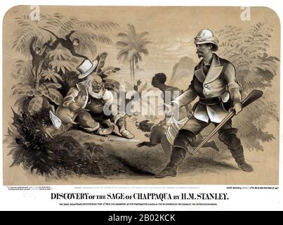 A caricature of Horace Greeley, commenting upon (or perhaps anticipating) his disappearance from public life after his defeat in the November 5 presidential election. Journalist Henry Morton Stanley, famous for finding David Livingstone in East Africa in 1871, here discovers Horace Greeley in a jungle.   Stanley holds a rifle and is accompanied by an African youth guiding a dog. Greeley is shown embracing a pig, with a copy of the New York 'Tribune' at his side. In a tree behind him a monkey plays with Greeley's trademark white hat, while another reaches for a coconut. The U.S. Capitol shines Stock Photo