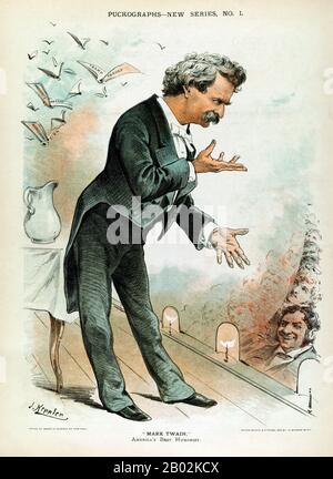Samuel Langhorne Clemens (November 30, 1835 – April 21, 1910), better known by his pen name Mark Twain, was an American author and humorist. He is most noted for his novels, The Adventures of Tom Sawyer (1876), and its sequel, Adventures of Huckleberry Finn (1885), the latter often called 'the Great American Novel'.  Twain grew up in Hannibal, Missouri, which would later provide the setting for Huckleberry Finn and Tom Sawyer. He apprenticed with a printer. He also worked as a typesetter and contributed articles to his older brother Orion's newspaper. After toiling as a printer in various citi Stock Photo