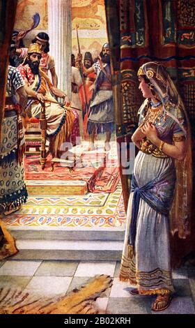 Esther (Hebrew: אֶסְתֵּרr), born Hadassah, is the eponymous heroine of the Biblical 'Book of Esther'.  According to the Bible, she was a Jewish queen of the Persian king Ahasuerus. Ahasuerus is traditionally identified with Xerxes I (r. 486-465 BCE) during the time of the Achaemenid empire. Her story is the basis for the celebration of Purim in Jewish tradition. Stock Photo