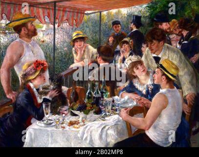 Luncheon of the Boating Party (1881, French: Le déjeuner des canotiers) is a painting by French impressionist Pierre-Auguste Renoir. It was purchased from the artist by the dealer-patron Paul Durand-Ruel and bought in 1923 (for $125,000) from his son by Duncan Phillips. It is now in The Phillips Collection in Washington, D.C. It shows a richness of form, a fluidity of brush stroke, and a flickering light.  The painting depicts a group of Renoir's friends relaxing on a balcony at the Maison Fournaise along the Seine river in Chatou in the western suburbs of Paris. The painter and art patron, Gu Stock Photo