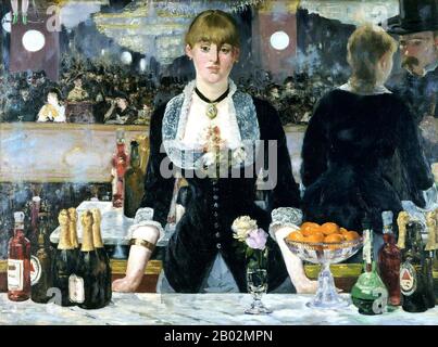 The painting exemplifies Manet's commitment to Realism in its detailed representation of a contemporary scene. Many features have puzzled critics but almost all of them have been shown to have a rationale, and the painting has been the subject of numerous popular and scholarly articles.  The central figure stands before a mirror, although critics—accusing Manet of ignorance of perspective and alleging various impossibilities in the painting—have debated this point since the earliest reviews were published. In 2000, however, a photograph taken from a suitable point of view of a staged reconstru Stock Photo