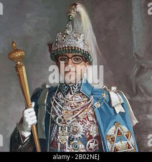 Mahendra Bir Bikram Shah Dev (11 June 1920 – 31 January 1972) was King of Nepal from 1955 to 1972.  Mahendra was crowned on 2 May 1956. He succeeded Tribhuvan as King of Nepal. On 15 December 1960 he suspended the constitution, dissolved parliament, dismissed the cabinet, imposed direct rule and imprisoned then prime minister Bishweshwar Prasad Koirala and his closest government colleagues.  Mahendra instituted a Panchayat hierarchical system of village, district and national councils, a variant of guided democracy. He pursued a foreign policy of neutrality between China and India. Stock Photo