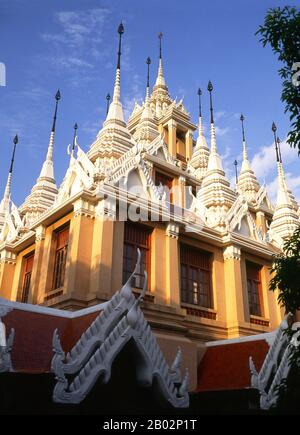 Thailand: Loha Prasad (Brazen Palace or Iron Monastery), Wat Ratchanatda, Bangkok. Wat Ratchanaddaram was built on the orders of King Nangklao (Rama III) for Mom Chao Ying Sommanus Wattanavadi in 1846. The temple is best known for the Loha Prasada (Loha Prasat), a multi-tiered structure 36 m high and having 37 metal spires. It is only the third Loha Prasada (Brazen Palace or Iron Monastery) to be built and is modelled after the earlier ones in India and Anuradhapura, Sri Lanka. Stock Photo