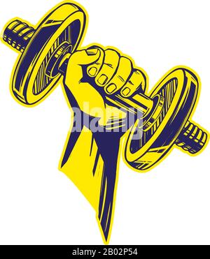 arm, strong hand holding a dumbbell, icon cartoon hand drawn vector illustration sketch. Stock Vector