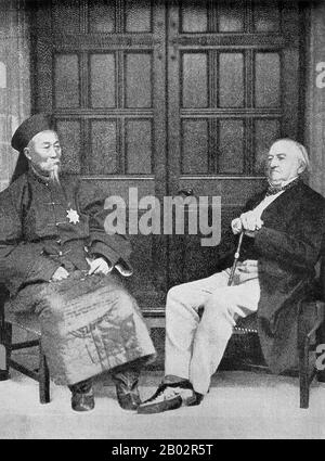 Li Hongzhang (Wade–Giles: Li Hung-chang), Marquis Suyi of the First Class (February 15, 1823 – November 7, 1901), was a Chinese civilian official who ended several major rebellions, and a leading statesman of the late Qing Empire. He served in important positions of the Imperial Court, once holding the office of the Viceroy of Zhili.  William Ewart Gladstone (29 December 1809 – 19 May 1898), was a British Liberal politician. In a career lasting over sixty years, he served as Prime Minister four separate times (1868–74, 1880–85, February–July 1886 and 1892–94), more than any other person, and s Stock Photo