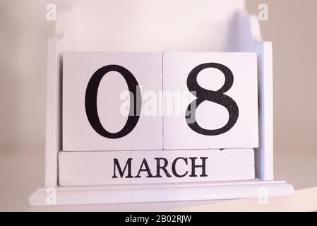 March 8th, Eighth of March, Day 8 of month March - wooden calendar blocks on white background Stock Photo