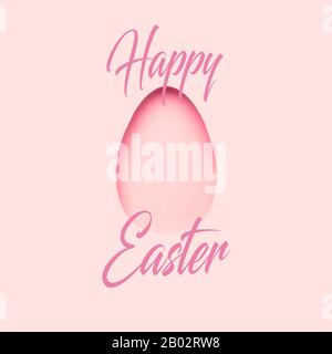 Pastel pink color background with egg shaped hole and Happy Easter text. Easter minimal greeting card concept. Flat lay, top view, copy space Stock Photo