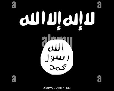 The Islamic State flag is similar to the flags of other extreme Salafi-Jihadi Sunni Muslim movements. It is based on the Black Standard flown by Muhammad in Islamic tradition and on the Black Banner of the Abbasid Caliphate (750-1258).  In the flag of the Islamic State the shahada or Islamic statement of belief - la ilaha illa-llah, Muhammadun rasulu-llah ('There is no god but God, Muhammad is the messenger of God') - is emblazoned above the seal of the Prophet Muhammad (now kept in the Topkapi Palace, Istanbul), with black Arabic script on a white background reading: Allah rasul Muhammad ('Mu Stock Photo