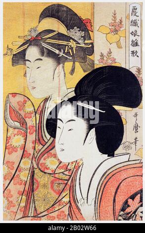 Kitagawa Utamaro (ca. 1753 - October 31, 1806) was a Japanese printmaker and painter, who is considered one of the greatest artists of woodblock prints (ukiyo-e). He is known especially for his masterfully composed studies of women, known as bijinga.  He also produced nature studies, particularly illustrated books of insects. Stock Photo