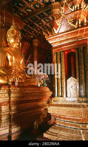 Wat Phumin was constructed in 1596 and is famous for its cruciform ubosoth and well preserved Tai Lue murals depicting everyday life in the 19th century.  Nan dates from the mid-14th century and for much of its history was an isolated kingdom. The present day city spreads out along the Nan River's right bank. Stock Photo