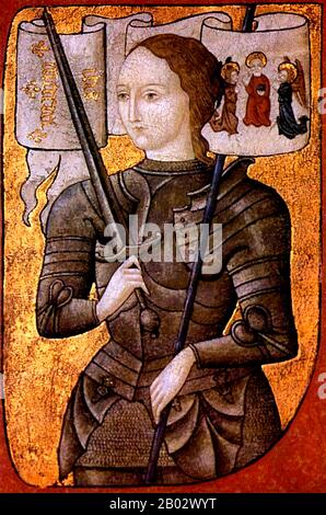 France: Jeanne d'Arc / Joan of Arc (c. 1412 - 30 May 1431). Painting on parchment, c. 1485.  Saint Joan of Arc, nicknamed 'The Maid of Orléans', is considered a national heroine of France and a Catholic saint. A peasant girl born in eastern France who claimed divine guidance, she led the French army to several important victories during the Hundred Years' War, which paved the way for the coronation of Charles VII.  She was captured by the Burgundians, sold to the English, tried by an ecclesiastical court, and burned at the stake when she was 19 years old. Stock Photo