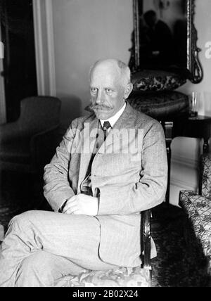 Fridtjof Nansen (10 October 1861 – 13 May 1930) was a Norwegian explorer, scientist, diplomat, humanitarian and Nobel Peace Prize laureate. In his youth a champion skier and ice skater, he led the team that made the first crossing of the Greenland interior in 1888, cross-country skiing on the island, and won international fame after reaching a record northern latitude of 86°14′ during his North Pole expedition of 1893–96.  In the final decade of his life, Nansen devoted himself primarily to the League of Nations, following his appointment in 1921 as the League's High Commissioner for Refugees. Stock Photo