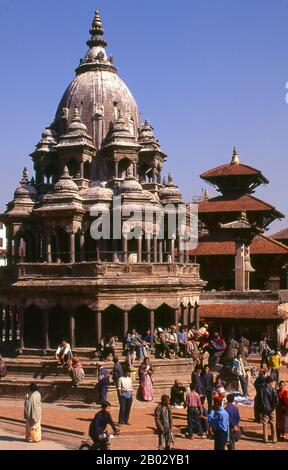 The octagonal Krishna Temple was built by King Yoganarendra Malla’s daughter Yogamati after the death of her son in 1723. Shaken by the repeated intrusion of death in her life, Yogamati hoped in constructing the temple to secure spiritual merit for herself, for the time when her own end would arrive. The temple is designed in typical Indian Moghul style, one of only a few such buildings in Nepal.  Patan’s Durbar Square is the best preserved of the three Durbar Squares in the Kathmandu Valley, the one least changed from its original form. On the square itself, which measures about 160 by 70 met Stock Photo