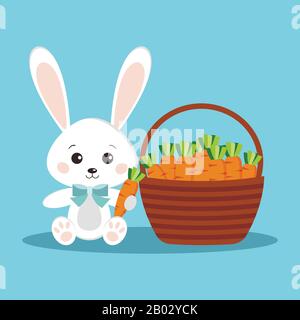 Happy Easter cute and sweet white bunny rabbit with carrot. Stock Vector