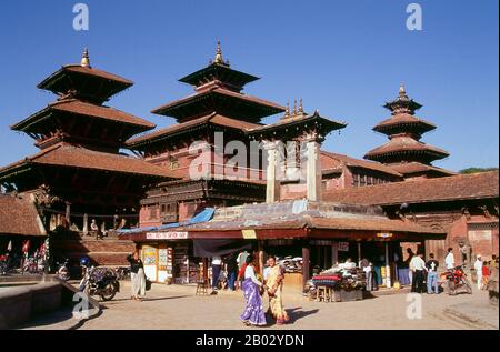 Patan’s Durbar Square is the best preserved of the three Durbar Squares in the Kathmandu Valley, the one least changed from its original form. On the square itself, which measures about 160 by 70 metres at its widest, there are some 30 monuments, including the extensive old palace complex, and another 30 can be found in the immediate vicinity. In addition, all around, craftsmen conduct their business in ways little changed in centuries. Stock Photo