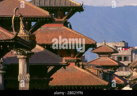 Patan’s Durbar Square is the best preserved of the three Durbar Squares in the Kathmandu Valley, the one least changed from its original form. On the square itself, which measures about 160 by 70 metres at its widest, there are some 30 monuments, including the extensive old palace complex, and another 30 can be found in the immediate vicinity. In addition, all around, craftsmen conduct their business in ways little changed in centuries. Stock Photo