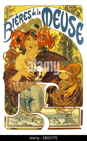 Alfons Maria Mucha (24 July 1860 – 14 July 1939), often known in English and French as Alphonse Mucha, was a Czech Art Nouveau painter and decorative artist, celebrated for his distinctive style.  He produced numerous paintings, illustrations, advertisements, postcards, and designs. Stock Photo