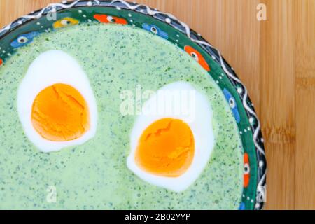 Frankfurt Green Sauce ("Frankfurter Grüne Soße", or "Grie Soß"), a specialty of Frankfurt, Germany. Stock Photo