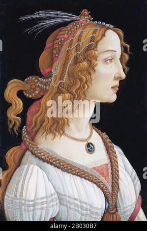 Alessandro di Mariano di Vanni Filipepi, known as Sandro Botticelli (c. 1445 – May 17, 1510), was an Italian painter of the Early Renaissance. He belonged to the Florentine School under the patronage of Lorenzo de' Medici, a movement that Giorgio Vasari would characterize less than a hundred years later in his Vita of Botticellias as a 'golden age'.  Botticelli's posthumous reputation suffered until the late 19th century; since then his work has been seen to represent the linear grace of Early Renaissance painting.  Simonetta Vespucci (nee Cattaneo; ca. 1453 – 26 April 1476), nicknamed la bell Stock Photo