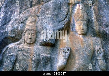 The remote ancient Buddhist site of Bururuvagala (which means ‘stone Buddha images’ in Sinhalese) is thought to date from the 10th century, when Mahayana Buddhism dominated parts of Sri Lanka. Carved into the rock face is a huge 16m-high Buddha figure, with three smaller figures on either side. These are thought to represent the Maitreya Buddha, Avalokitesvara and his consort Tara, as well as the Hindu god Vishnu. Stock Photo