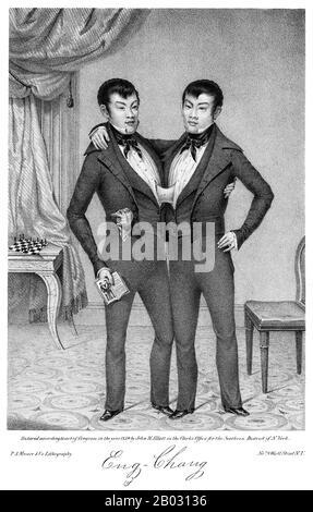 Chang and Eng Bunker (May 11, 1811 – January 17, 1874) were Thai-American conjoined twin brothers whose condition and birthplace became the basis for the term 'Siamese twins'.  The Bunker brothers were born on May 11, 1811, in the province of Samut Songkram, near Bangkok, in the Kingdom of Siam (today's Thailand). Their fisherman father was a Chinese Thai, while their mother was a Chinese Malaysian. Because of their Chinese heritage, they were known locally as the 'Chinese Twins'. The brothers were joined at the sternum by a small piece of cartilage, and though their livers were fused, they we Stock Photo