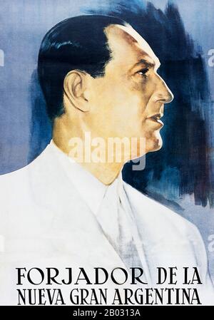 Juan Domingo Peron ( 8 October 1895 – 1 July 1974) was an Argentine military officer and politician.  After serving in several government positions, including those of Minister of Labour and Vice President of the Republic, he was three times elected as President of Argentina, serving from June 1946 to September 1955, when he was overthrown in a coup d'etat, and from October 1973 until his death in July 1974. Stock Photo