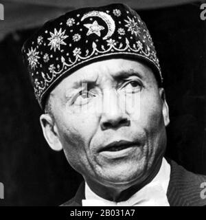 Elijah Muhammad, son of a sharecropper, was born into poverty in Sandersville, Georgia, on October 7, 1897. After moving to Detroit in 1923, he met W. D. Fard, founder of the black separatist movement Nation of Islam.  Muhammad became Fard’s successor from 1934-75 and was known for his controversial preaching. His followers included Malcolm X and Louis Farrakhan. He died February 25, 1975, in Chicago. Stock Photo