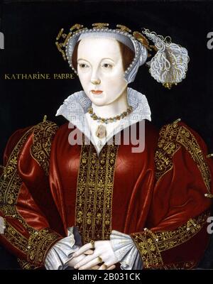 Catherine Parr (alternatively spelled Katherine or Kateryn) (1512 – 5 September 1548) was Queen of England and of Ireland (1543–47) as the last of the six wives of King Henry VIII. She married him on 12 July 1543, and outlived him by one year. She was also the most-married English queen, with four husbands.  Catherine enjoyed a close relationship with Henry's three children and was personally involved in the education of Elizabeth and Edward, both of whom became English monarchs. She was influential in Henry's passing of the Third Succession Act in 1543 that restored both his daughters, Mary a Stock Photo