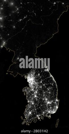 An image showing the Korean peninsula at night in the year 2012. A composite image, constructed using cloud-free night images taken by the National Aeronautics and Space Administration (NASA) and the National Oceanic and Atmospheric Administration (NOAA) Suomi National Polar-orbiting Partnership (NPP) satellite.  These photographs were taken with the Visible Infrared Imaging Radiometer Suite (VIIRS), and the composite was published by NASA on December 5, 2012. Stock Photo