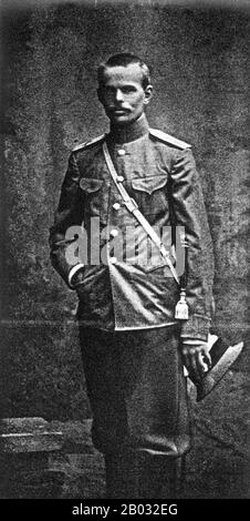 Baron Roman Nikolai Maximilian von Ungern-Sternberg (December 29, 1885 – September 15, 1921) was a Baltic Swedish-Russian Yesaul (Cossack Captain), a Russian hero of World War I and Lieutenant-general at the time of civil war in Russia and Mongolia, who 'liberated' Mongolia from Chinese rule in February - March 1921. In June he invaded Southern Siberia trying to raise an anti-communist rebellion, but was defeated by the Red Army in August 1921.  An independent and brutal warlord in pursuit of pan-monarchist goals in Mongolia and territories east of Lake Baikal during the Russian Civil War that Stock Photo