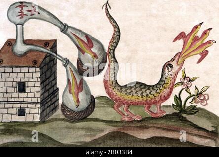 Clavis Artis is the title of an alchemical manuscript published in Germany in three volumes in the late 17th or early 18th century, attributed to Zoroaster (Zarathustra). It features numerous watercolour illustrations depicting alchemical images, as well as pen drawings of laboratory instruments.  Three copies of the manuscript are known to exist, one at the Biblioteca dell’Accademia Nazionale dei Lincei in Rome, one at the Biblioteca Civica Attilio Hortis in Trieste, and one at the Bayerische Staatsbibliothek in Munich. There is no information about the author and the origin of the manuscript Stock Photo