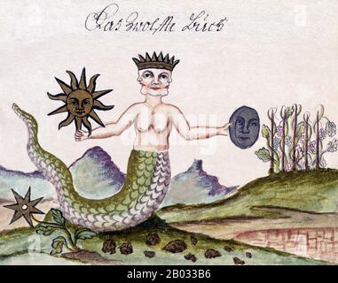 Clavis Artis is the title of an alchemical manuscript published in Germany in three volumes in the late 17th or early 18th century, attributed to Zoroaster (Zarathustra). It features numerous watercolour illustrations depicting alchemical images, as well as pen drawings of laboratory instruments.  Three copies of the manuscript are known to exist, one at the Biblioteca dell’Accademia Nazionale dei Lincei in Rome, one at the Biblioteca Civica Attilio Hortis in Trieste, and one at the Bayerische Staatsbibliothek in Munich. There is no information about the author and the origin of the manuscript Stock Photo