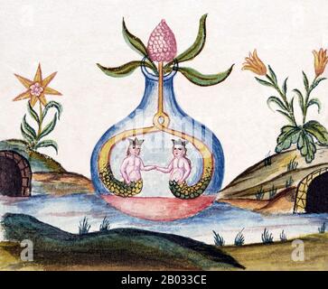 Clavis Artis is the title of an alchemical manuscript published in Germany in three volumes in the late 17th or early 18th century, attributed to Zoroaster (Zarathustra). It features numerous watercolor illustrations depicting alchemical images, as well as pen drawings of laboratory instruments.  Three copies of the manuscript are known to exist, one at the Biblioteca dell’Accademia Nazionale dei Lincei in Rome, one at the Biblioteca Civica Attilio Hortis in Trieste, and one at the Bayerische Staatsbibliothek in Munich. There is no information about the author and the origin of the manuscript, Stock Photo