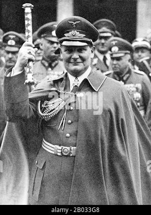 Hermann Wilhelm Goering (12 January 1893 – 15 October 1946) was a German politician, military leader, and leading member of the Nazi Party (NSDAP).  After helping Adolf Hitler take power in 1933, he became the second-most powerful man in Germany. He founded the Gestapo in 1933, and later gave command of it to Heinrich Himmler. Göring was appointed commander-in-chief of the Luftwaffe (air force) in 1935, a position he held until the final days of World War II.  After World War II, Göring was convicted of war crimes and crimes against humanity at the Nuremberg trials. He was sentenced to death b Stock Photo