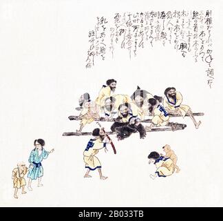 This picture scroll is a copy of selected sections of the Ezo Shima Kikan (Unusual Views of the Island of Ezo [Hokkaido]) by Hata Awagimaro, completed in Kansei 11 (1799) and considered the most notable work depicting the contemporaneous lives of the Ainu.  The Ainu or in historical Japanese texts Ezo, are an indigenous people of Japan (Hokkaido, and formerly northeastern Honshu) and Russia (Sakhalin and the Kuril Islands). Stock Photo