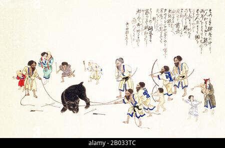 This picture scroll is a copy of selected sections of the Ezo Shima Kikan (Unusual Views of the Island of Ezo [Hokkaido]) by Hata Awagimaro, completed in Kansei 11 (1799) and considered the most notable work depicting the contemporaneous lives of the Ainu.  The Ainu or in historical Japanese texts Ezo, are an indigenous people of Japan (Hokkaido, and formerly northeastern Honshu) and Russia (Sakhalin and the Kuril Islands). Stock Photo