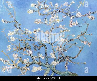 Almond Blossoms is from a group of several paintings made in 1888 and 1890 by Vincent van Gogh in Arles and Saint-Rémy, southern France of blossoming almond trees. Flowering trees were special to Van Gogh. They represented awakening and hope. He enjoyed them aesthetically and found joy in painting flowering trees.  The works reflect Impressionist, Divisionist and Japanese woodcut influences. Stock Photo