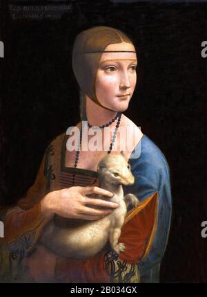 Lady with an Ermine (Italian: Dama con l'ermellino) is a painting by Leonardo da Vinci from around 1489–1490. The subject of the portrait is Cecilia Gallerani, painted at a time when she was the mistress of Ludovico Sforza, Duke of Milan, and Leonardo was in the service of the duke.  The painting is displayed at Czartoryski Museum, Krakow, Poland. Stock Photo