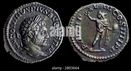 Born as Lucius Septimius Bassianus (188-217 CE) but renamed Marcus Aurelius Antoninus after his father's union with the families of the Nerva-Antonine dynasty, he gained his agnomen Caracalla from a Gallic hooded tunic which he often wore. Eldest son of Emperor Septimius Severus, he reigned jointly with his father from 198 CE until his father's death in 211 CE. He then became joint emperor with his younger brother Geta, but he quickly murdered his brother less than a year into their joint rule.  Caracalla's reign was marked by continued assaults from the Germanic peoples as well as constant do Stock Photo